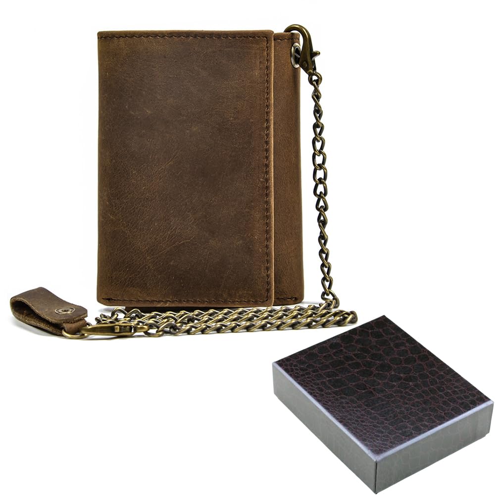 PINKPIN Mens Wallets with Chains, Genuine Leather Trifold Wallet RFID Blocking Anti-Theft Chain for Biker, Motorcycle (Brown)