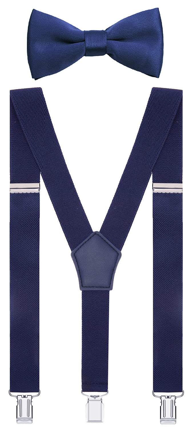 WDSKY Boys' Suspenders and Bow Tie Set Y Shape Adjustable Elastic 40 Inches Navy Blue