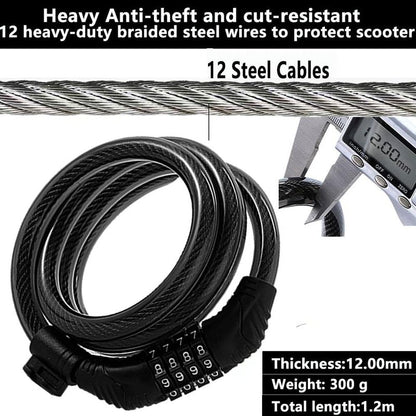 E Scooter Lock,Bike Lock Combination Lock Cable Compatible for Xiaomi M365/Max/GXL/Ninebot/Segway/Moto/Bicycle Locks 4ft Long/0.472In Scooter Anti-Theft Ideal 4-Digit/12 Metal Cables Locks