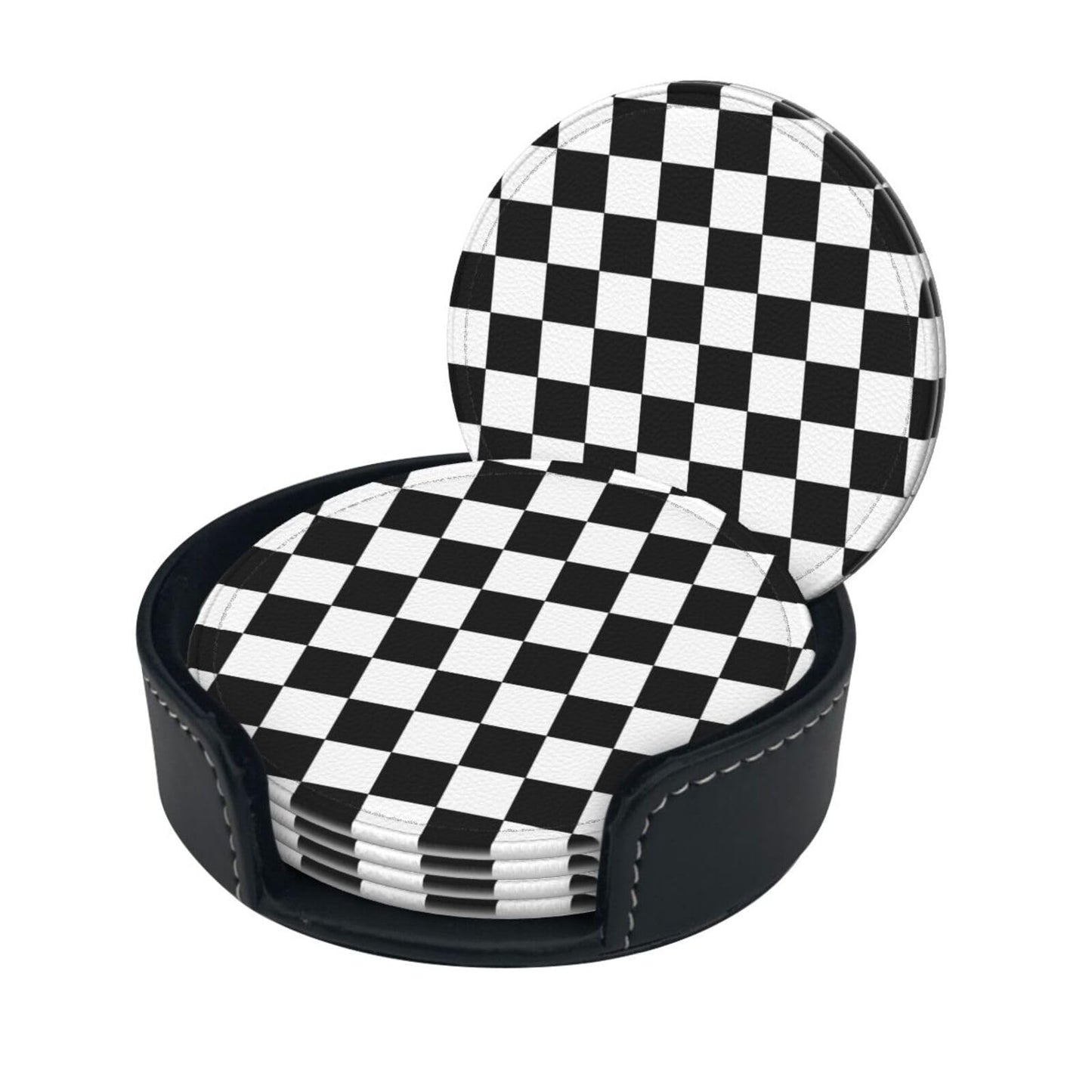 Black Checkered Leather Coasters Set of 6 with Holders for Drinks Cups, White Plaid 3.9" Round Coasters 6 Pcs for Coffee Bar Table Decor