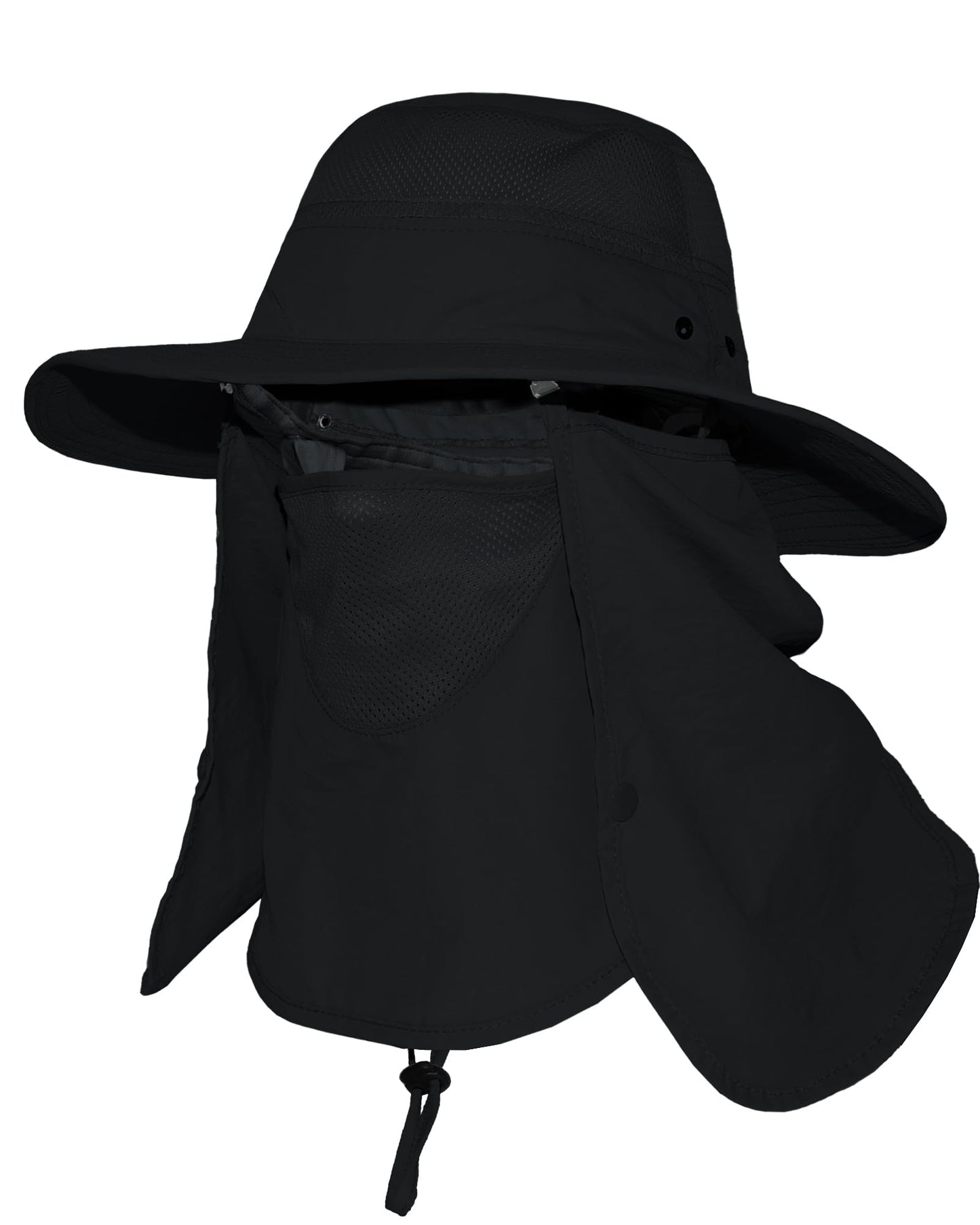 Wide Brim Sun Hat with Detachable Face Cover & Neck Flap Waterproof Safari Fishing UPF 50+ UV Protection Hat for Men Women Black