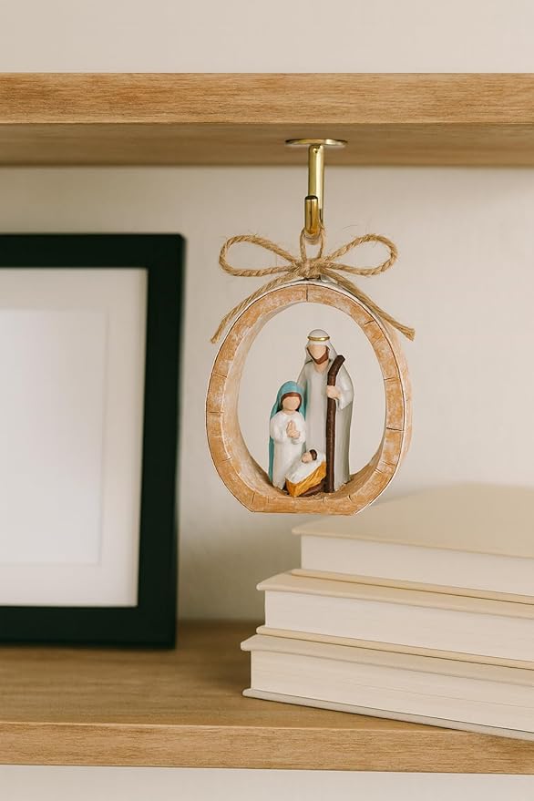 Holy Family Oval Nativity Set Hanging Christmas Ornament, Hand-Painted Resin with Jute Bow, Rustic Faux-Wood Ring, Religious Gift Xmas Tree/Wreath Décor (Nativity Scene)
