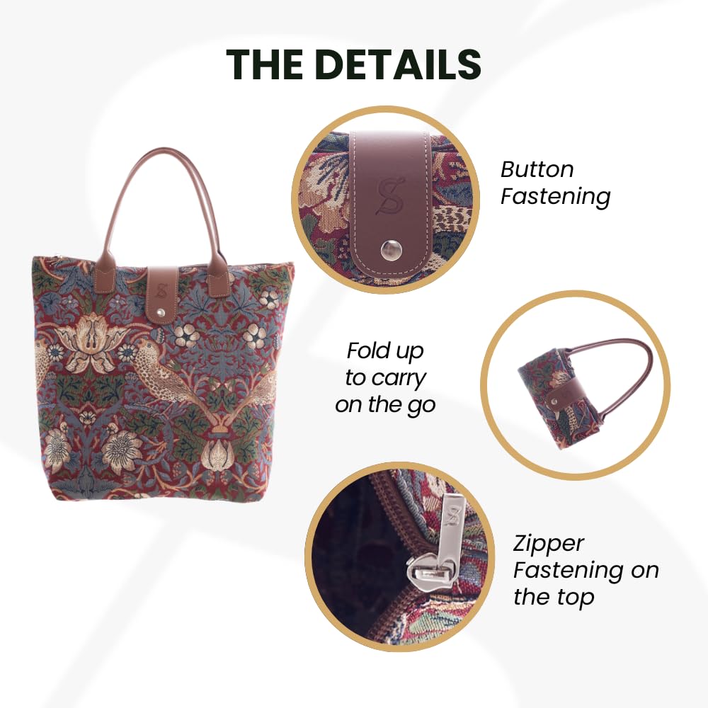 Signare Tapestry Foldable Tote Bag Reusable Shopping Bag Grocery Bag With William Morris Red Strawberry Thief Design (FDAW-STRD)