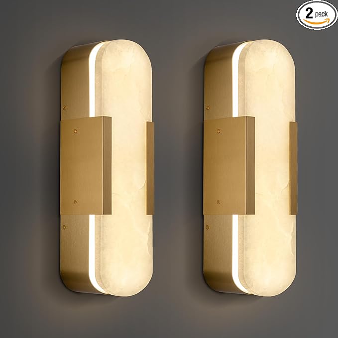 13.8 inch Alabaster Wall Sconces Set of Two, Natural Marble Wall Lighting, Brass Bedside Wall Lamp, Indoor Vanity Light Fixtures for Hallway,Bathroom Living Room (Including LED)