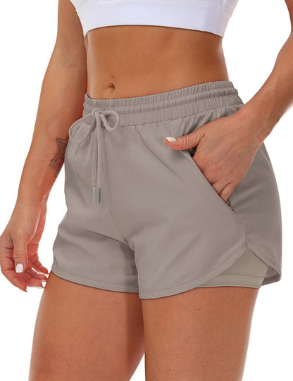 Mancreda Women's Running Shorts with Liner 3 Zipper Pockets Elastic Workout Athletic Gym Yoga Shorts(CA,XXL) Khaki