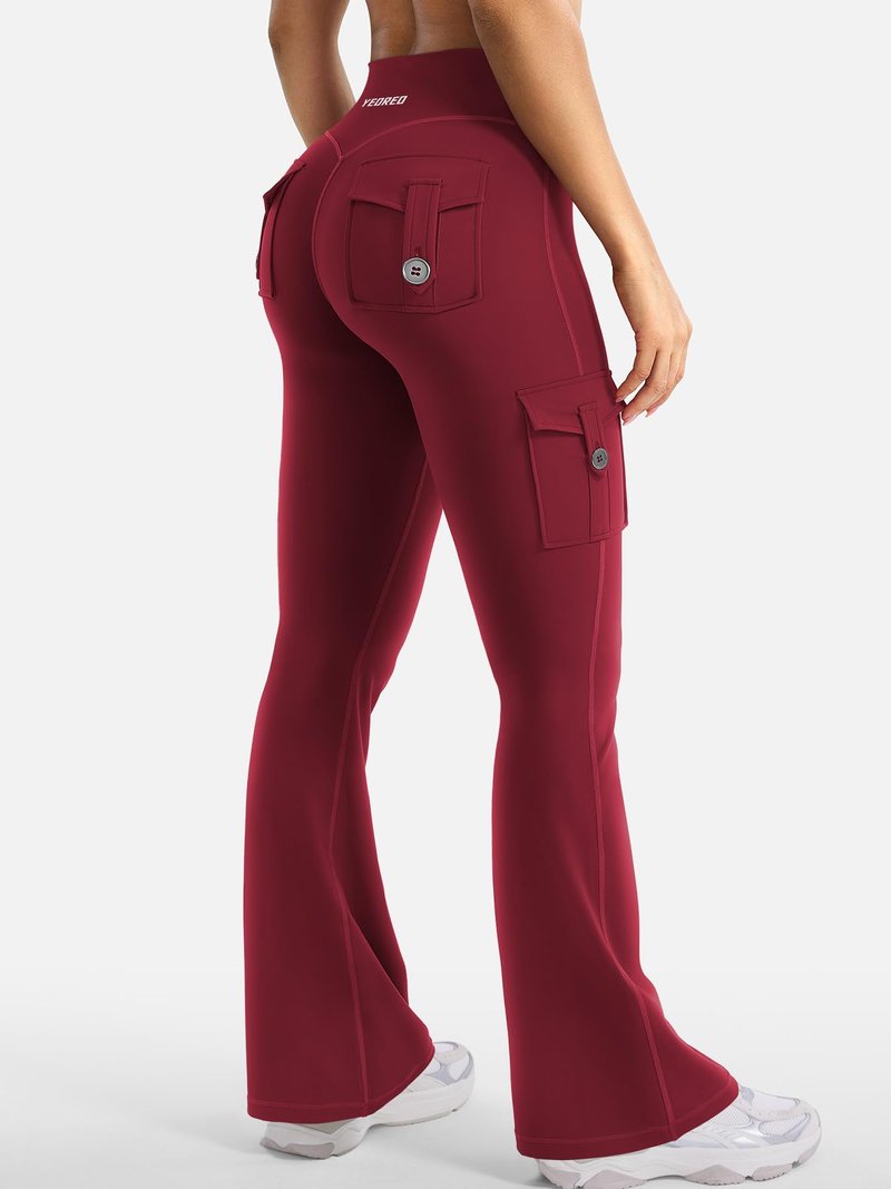 YEOREO CoreFlex Women Workout Flare Leggings with Pockets Hidden Scrunch High Waisted Cargo Gym Yoga No Front Seam Leggings Wine XXL