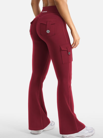 YEOREO CoreFlex Women Workout Flare Leggings with Pockets Hidden Scrunch High Waisted Cargo Gym Yoga No Front Seam Leggings Wine XXL