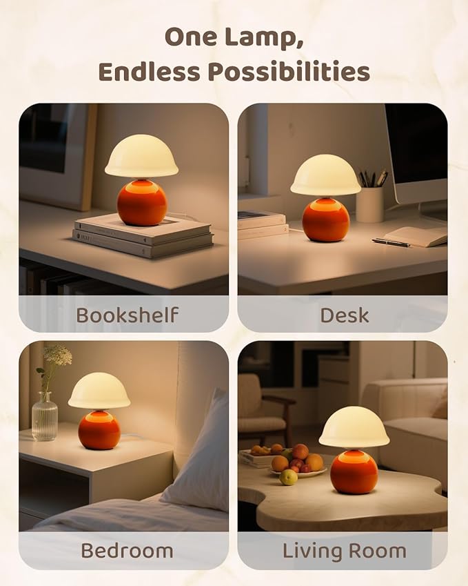 Mushroom Lamp Bedside Table Lamp for Bedroom, Cute Small Lamps with Glass Lampshade, Nightstand Lamp with Dimmer for Living Room Kitchen Apartments Offices Desk Shelves (Orange)