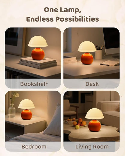 Mushroom Lamp Bedside Table Lamp for Bedroom, Cute Small Lamps with Glass Lampshade, Nightstand Lamp with Dimmer for Living Room Kitchen Apartments Offices Desk Shelves (Orange)