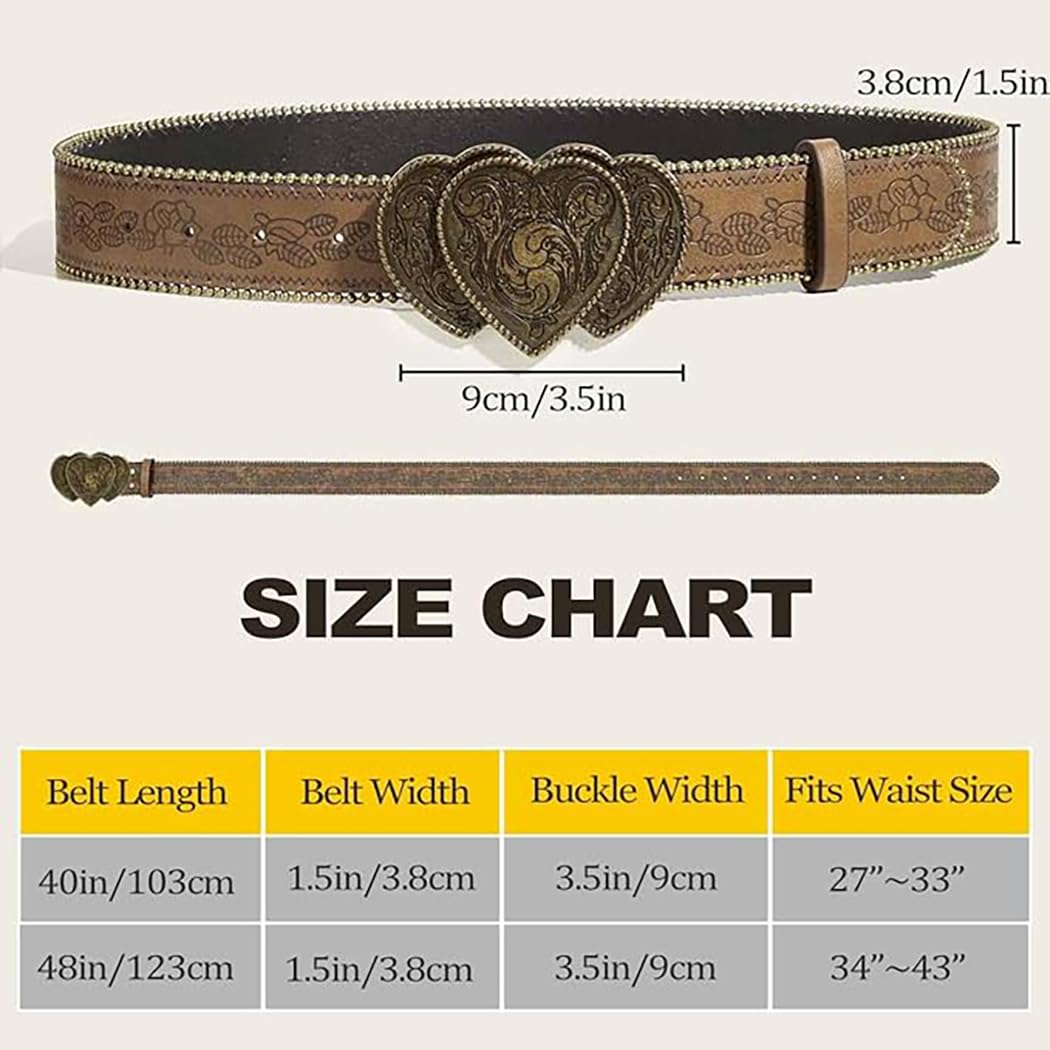Bounzhi Brown Western Belt for Women Cowgirls Cowboys Leather Belt for Jeans Pant Country Belt with Vintage Buckle (Heart Brown, 34''-43'')