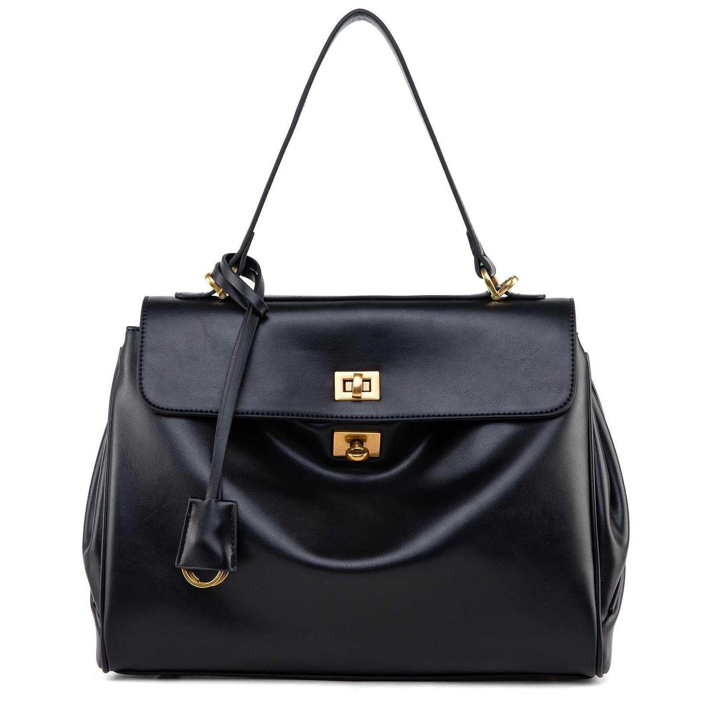 NGGU Black Leather Tote Bag for Women,Soft Leather Shoulder Handbags for Ladies,Satchel Purse for Travel Work & Medium & Black Leather & Gold Clasp