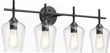 Ralbay Vintage Bathroom Vanity Lighting Fixtures 4-Lights Industrial Matte Black Finish with Clear Glass Vanity Lights Farmhouse Bathroom Vanity Lights Wall Sconce