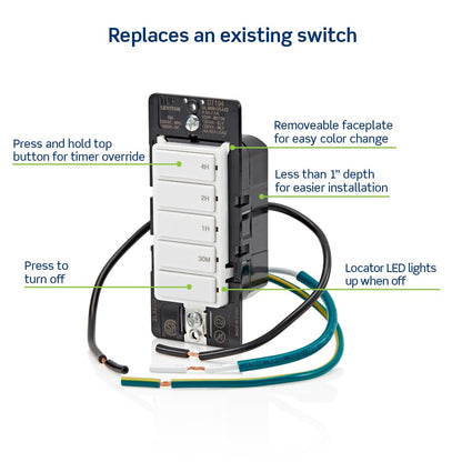 Leviton Countdown Timer Switch for bathroom fan and household lights, 5-10-15-30 min, No Neutral Required, Single Pole, 15A, 1/2 HP/9.8A Fan/Motor, DT130-1LW, White