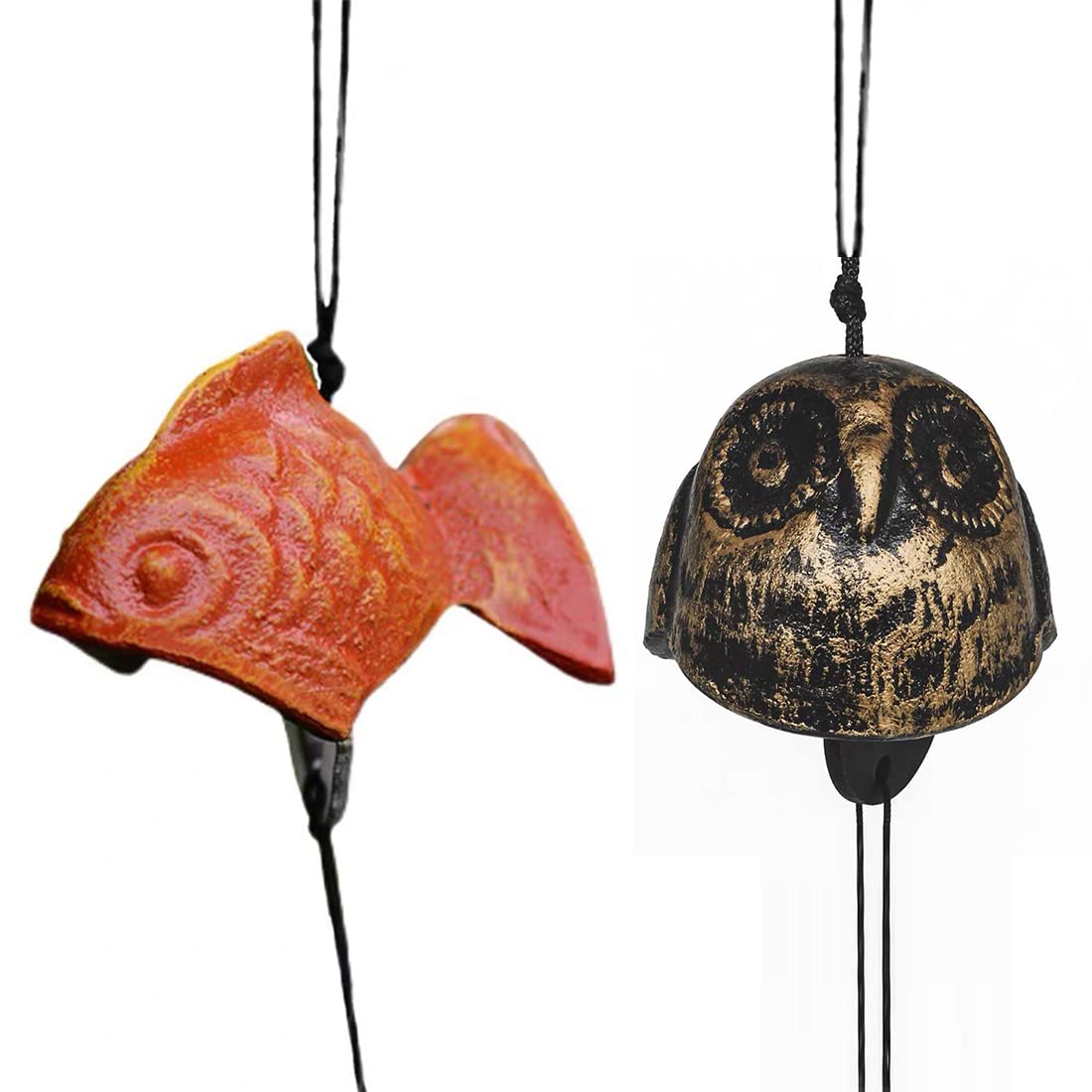 Oavand Set of 2, Japanese Bless Small Wind Chimes Outdoor, Iwachu Cast Iron Lucky Temple Wind Bell Memorial and Sympathy Wind Chimes for Outside Good Luck for Garden, Patio, Balcony (Goldfish and owl)