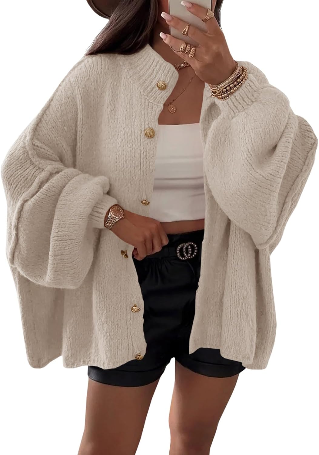 Saodimallsu Womens Oversized Cardigans Long Lantern Sleeve Button Down Chunky Knit Loose Fall Sweater Coats