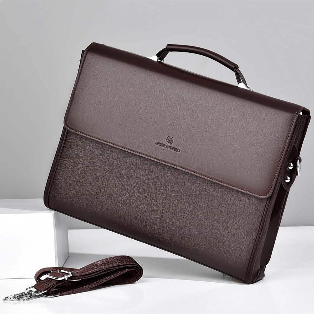 Men‘s 14” Laptop Briefcase, Handheld & Crossbody Bag with Detachable Shoulder Strap, Multiple Compartments, Water-Resistant (Brown)