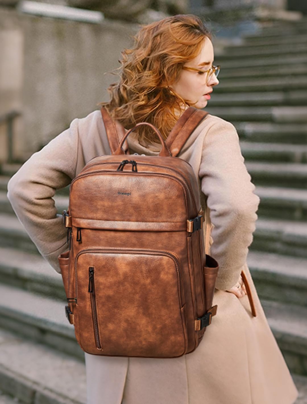tiamyi Travel Backpack for Women and Men, Fits 17.0" Laptop, Stylish Lay-Flat Carry-on Vegan Leather Backpack with Luggage Strap for Travel and Daily Use