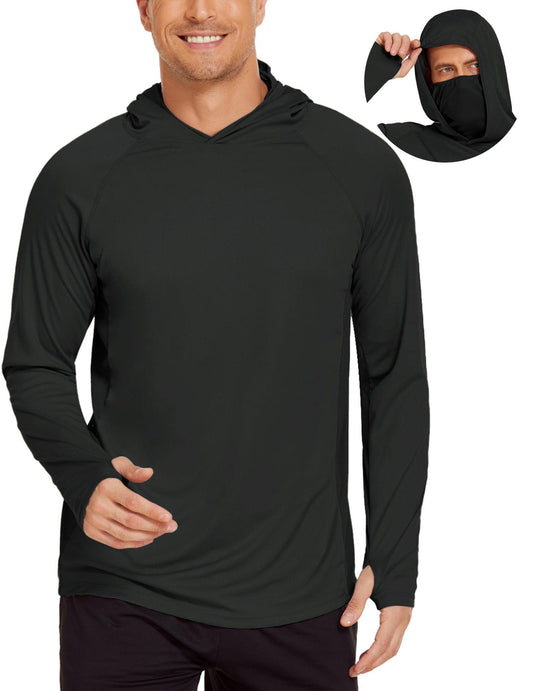 COOrun Men's Hooded Sun Shirts with Mask Fishing Shirts for Men Long Sleeve UPF 50 Rash Guards Cooling Hoodies Hiking Shirts Solid Black