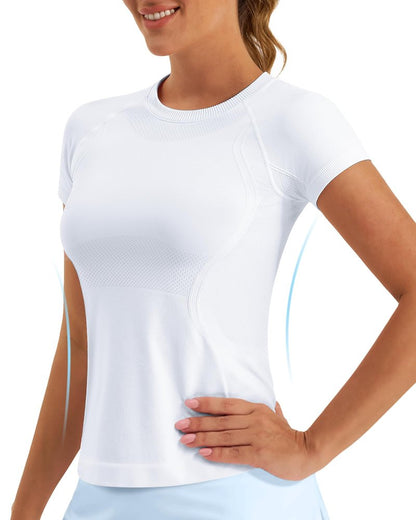 Stelle Women Workout Tops Short Sleeve Seamless Athletic Shirts Yoga Gym Sports Breathable Tees(White,S)