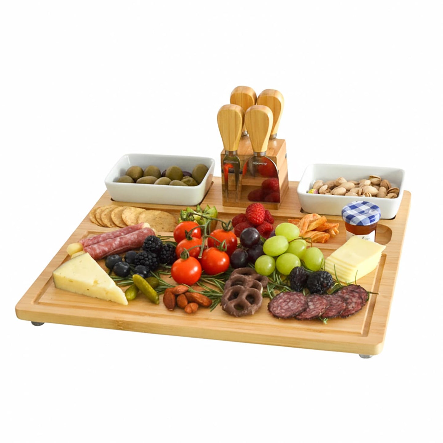 Picnic at Ascot Large Bamboo Cheese Board/Charcuterie Platter with 4 Stainless Steel Tools, 2 Ceramic Trays & Cheese Markers -16" x 13"- Designed & Quality Checked in USA