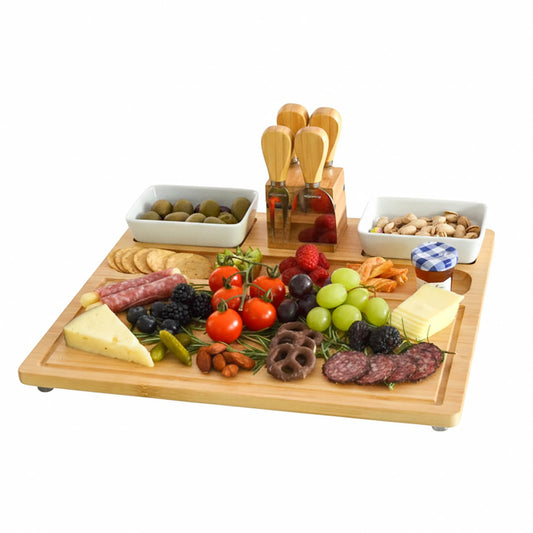 Picnic at Ascot Large Bamboo Cheese Board/Charcuterie Platter with 4 Stainless Steel Tools, 2 Ceramic Trays & Cheese Markers -16" x 13"- Designed & Quality Checked in USA