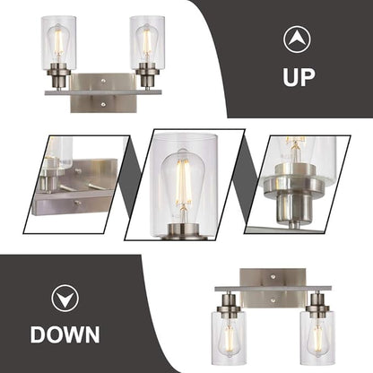 MELUCEE Metal Wall Lights with Clear Glass Shade 2 Heads Bathroom Light Fixtures Brushed Nickel Modern Vanity Lights Sconces for Hallway Bedroom Kitchen (Patent No.: US D963914 S)