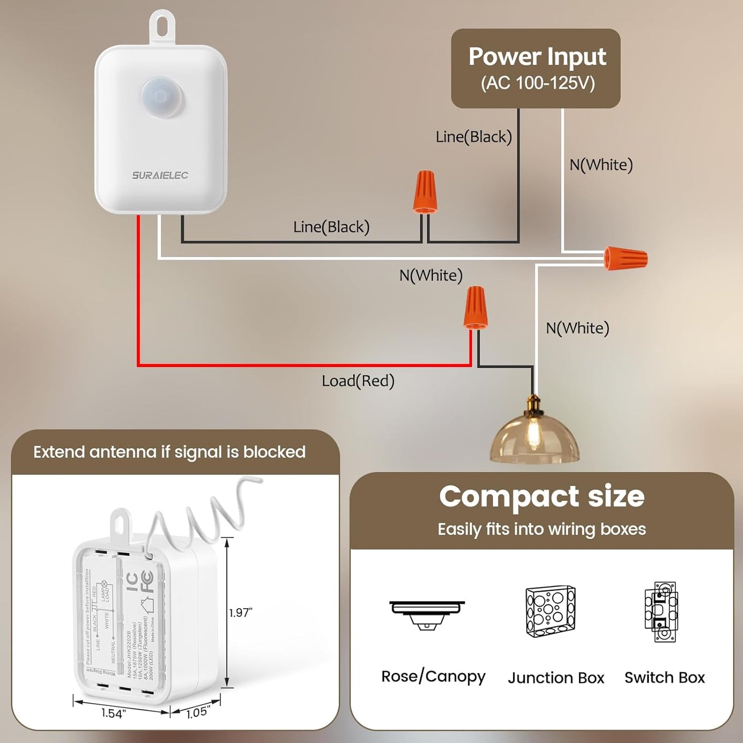 SURAIELEC 3 Way Wireless Light Switch and Receiver Kit, Decorator Rocker Wall Switch, 15 AMP, 100FT, No Wiring No WiFi, Remote Control for Lighting, Neutral Wire Required (Upgrade Antenna Model)