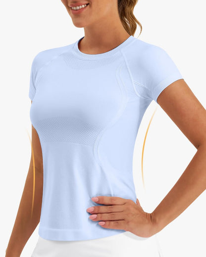 Stelle Women Workout Tops Short Sleeve Seamless Athletic Shirts Yoga Gym Sports Breathable Tees(Blue,S)