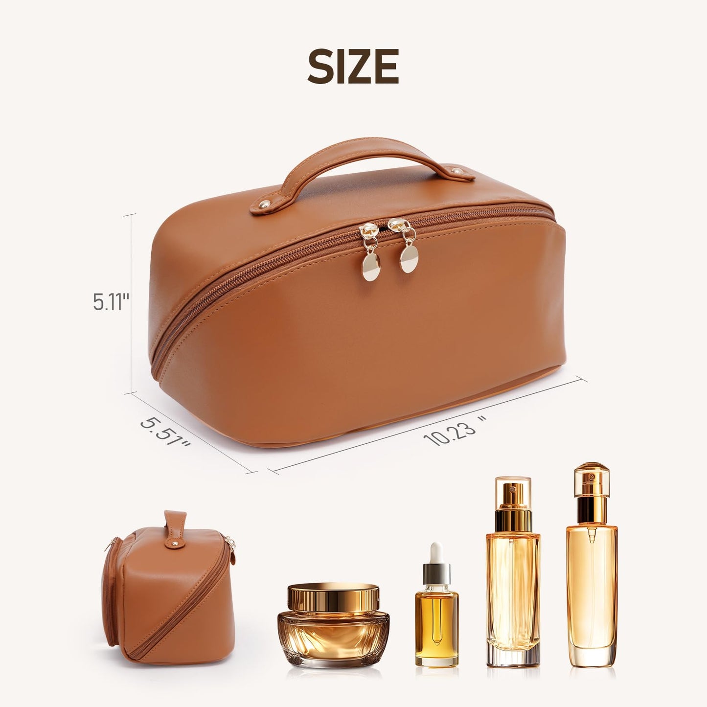 ETTP Large Capacity Cosmetic Bag for Women, Waterproof PU Leather Makeup Bag for Travel,Toiletry Bag Make up Organizer with Divider and Handle (Brown)