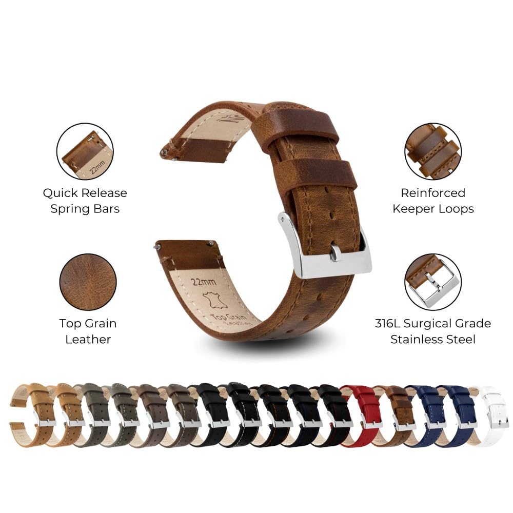 BARTON WATCH BANDS Quick Release Top Grain Leather Watch Band Strap, Caramel Tan Leather, 22mm