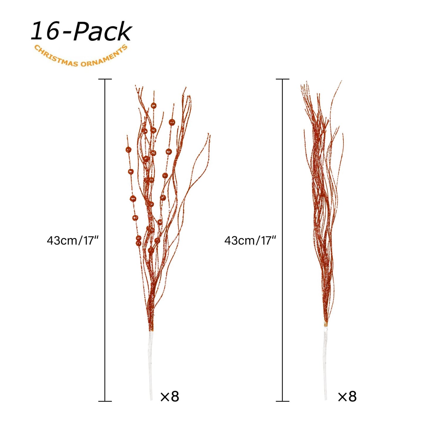 SLKING STORE SLK 16-Pack Artificial Glitter Berry Stem Ornaments, Christmas Decorative Glittery Twigs, Picks, Branches for Tree, Wreath, Small Vase, Party (Red)