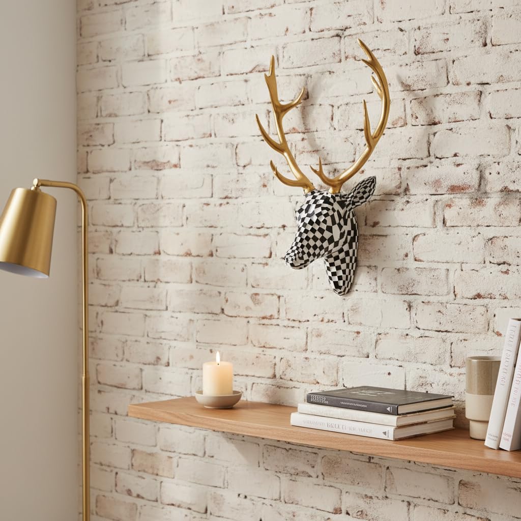 XYZWOMN Deer Head Wall Decor, 15.7 Inch Faux Resin Animal Head Wall Mount with Gold Antlers, Modern Mosaic 3D Wall Art Sculpture for Living Room Bedroom Home Decoration, Black and White