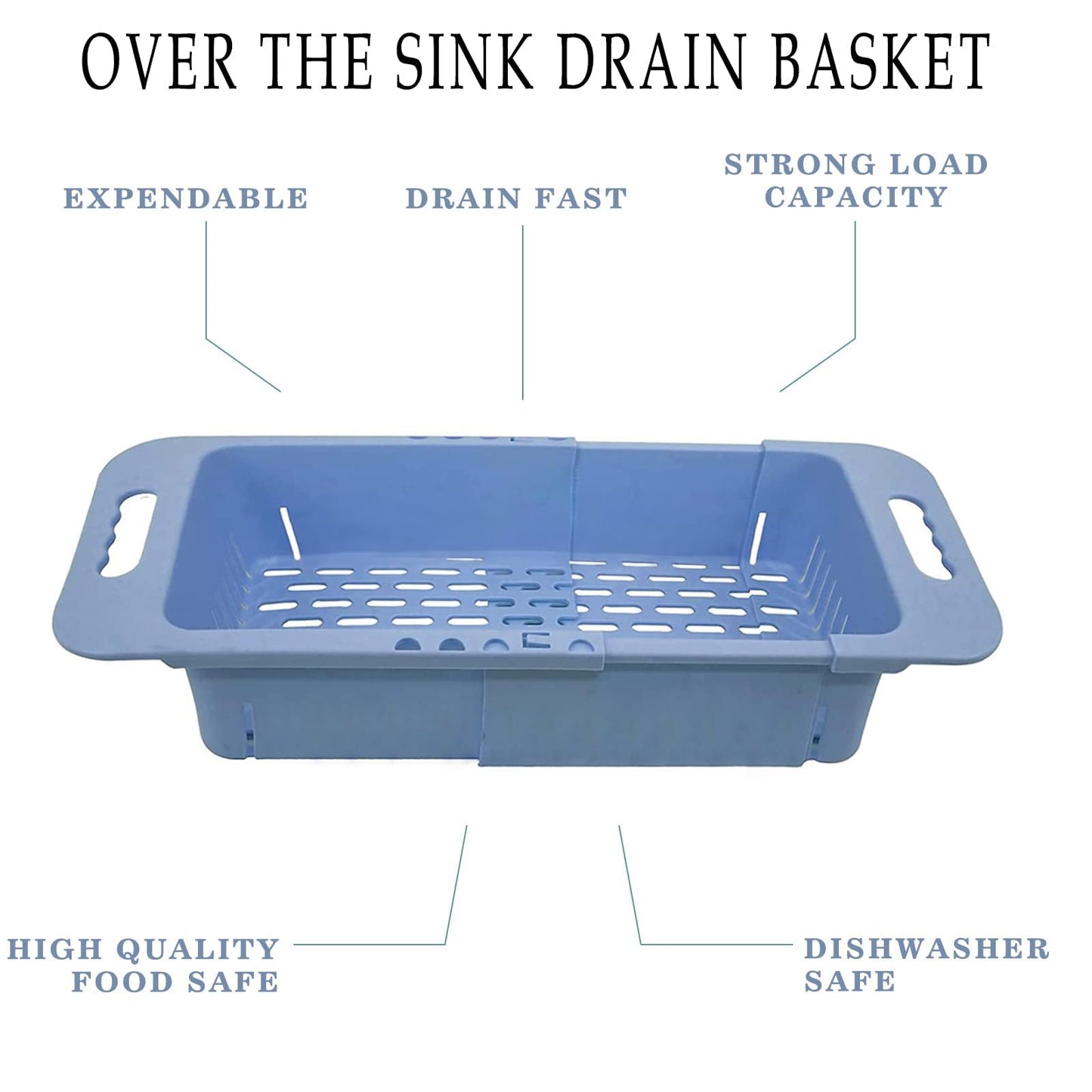 MineSign Extendable Over the Sink Colander Fruits and Vegetables Drain Basket Adjustable Food Strainer Sink Washing Basket for Kitchen (Blue)