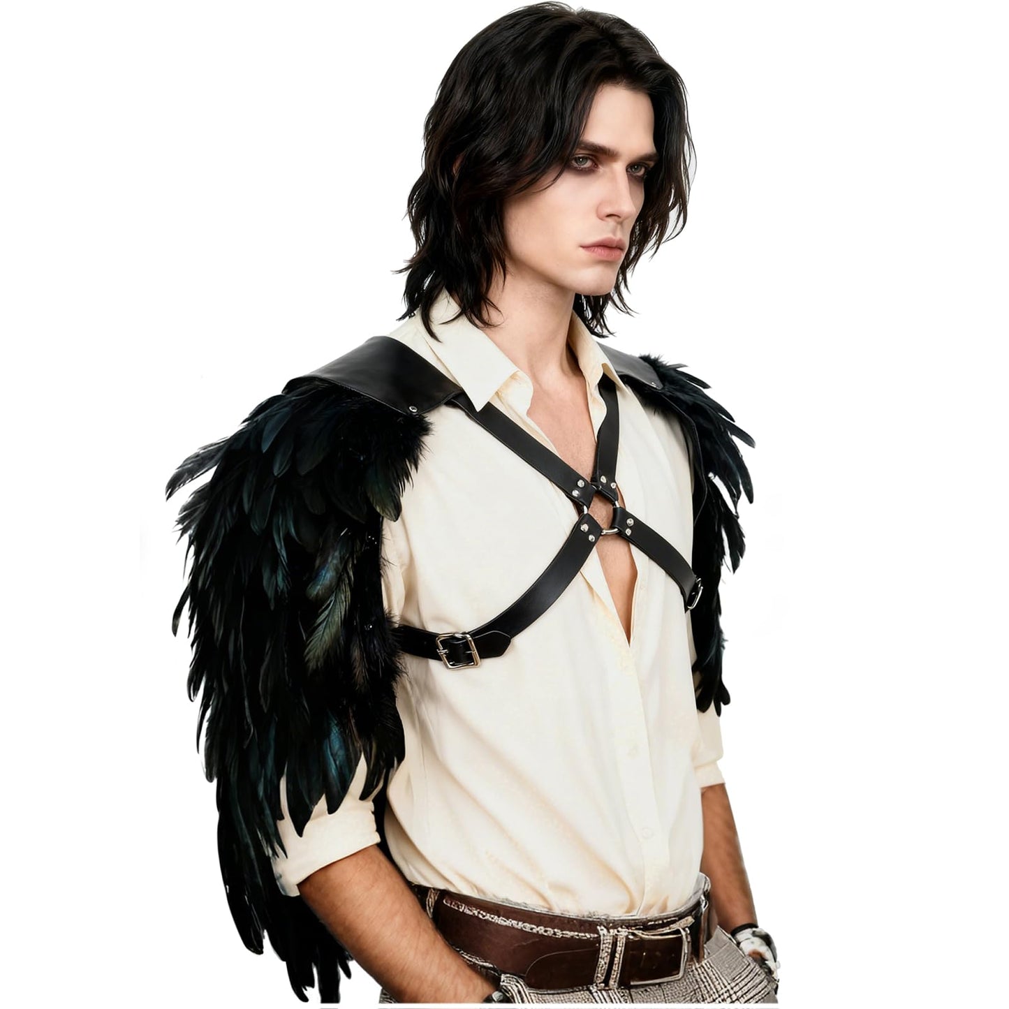 L'VOW Men's Feather Shoulder Armor Medieval Leather Harness Shoulder Guards Halloween Demon Cosplay(Black-2)