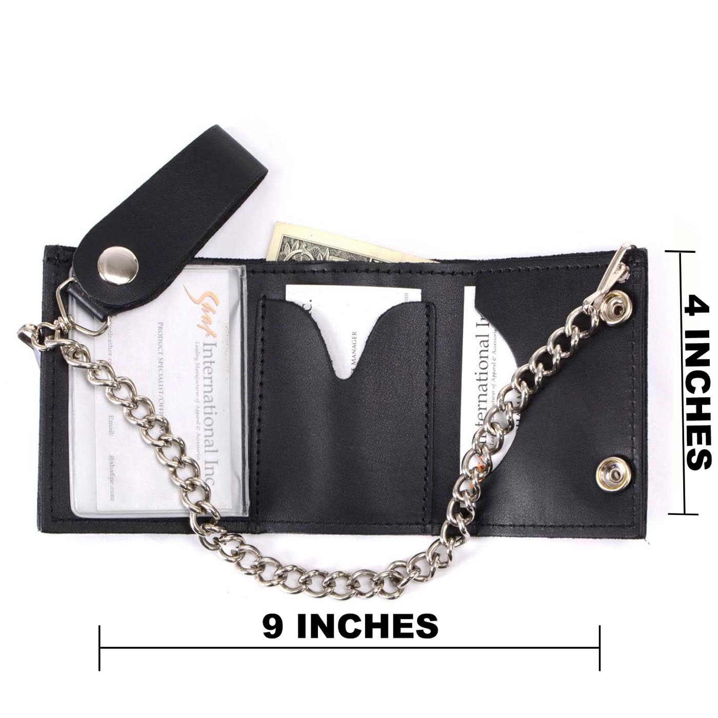 Milwaukee Leather MLW7831 Men's 4" Classic Black Plain Genuine Leather Tri-Fold Biker Wallet w/Anti-Theft Stainless Steel Chain - One Size