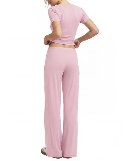 Flevita Womens 2 Pcs Sets Summer Travel Outfits T-shirts and 31" Wide Leg Pants Comfortable Airport Lounge Wear Set with Pockets Pink M
