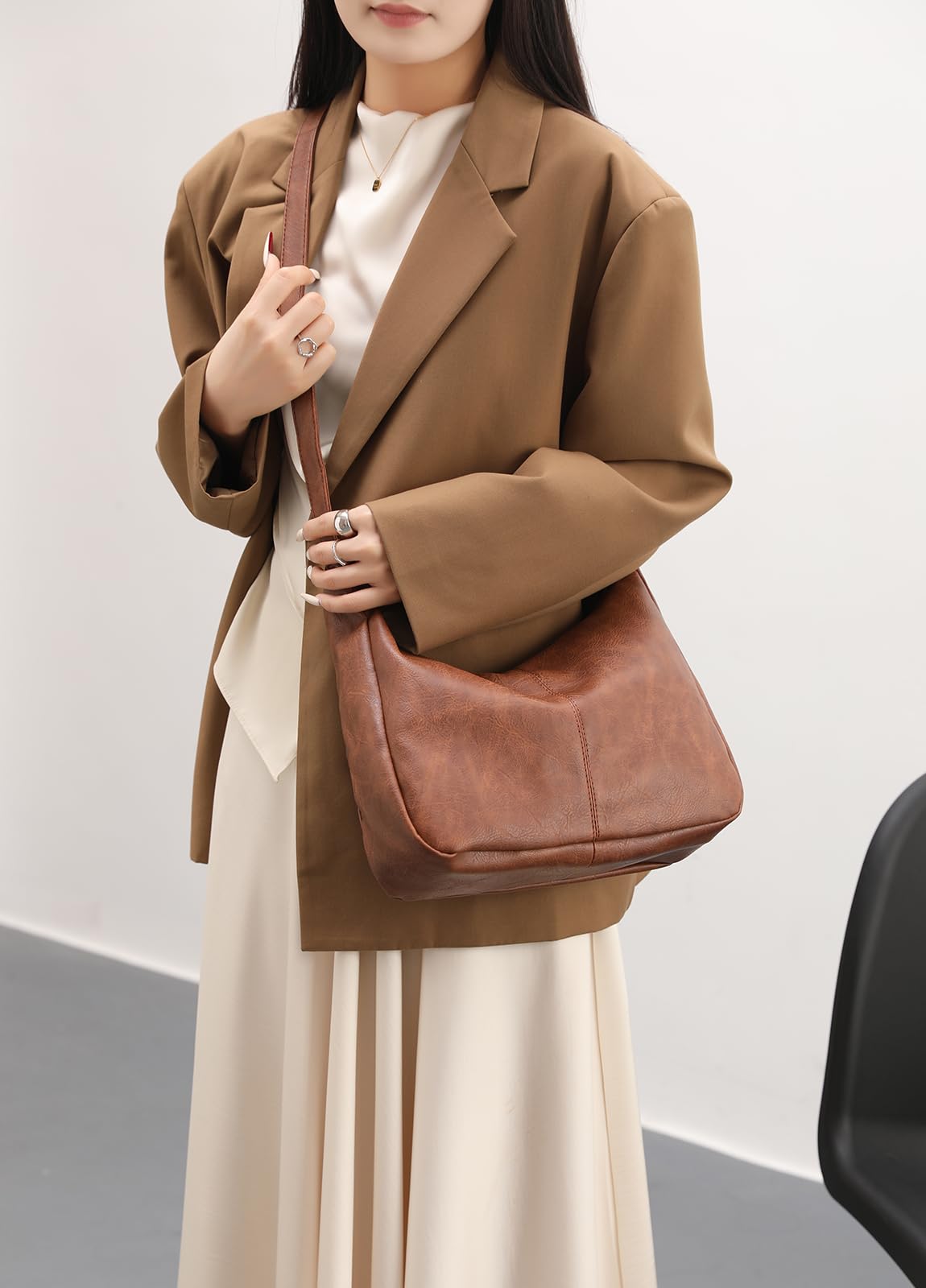 NIUEIMEE ZHOU Hobo Bags for Women Foldable Vegan Leather Shoulder Handbag Slouchy Tote Crossbody Purses