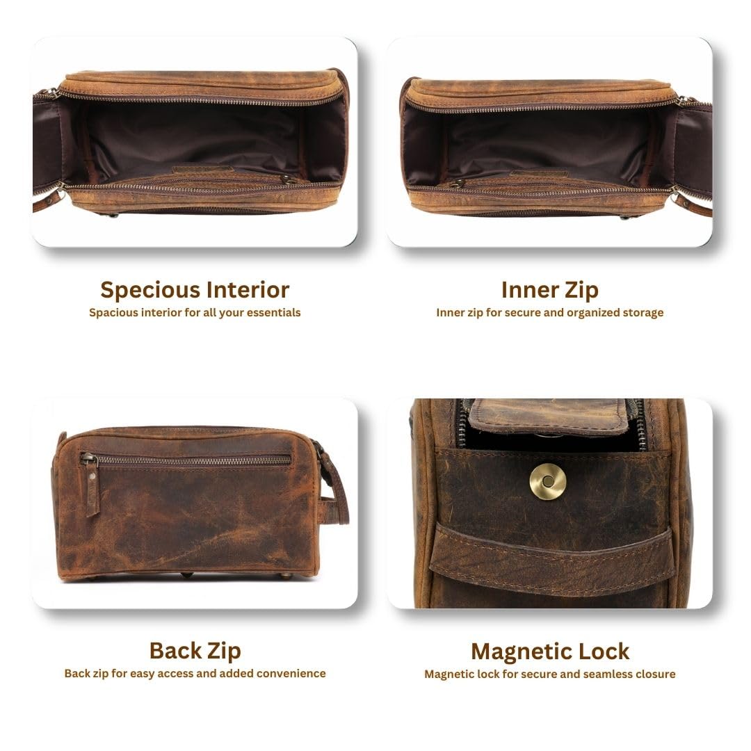 Autentico Leather Toiletry Bag for Men – Genuine Leather Dopp Kit, Travel Organizer for Grooming Essentials, Large Shaving Kit Pouch, Durable Distressed Brown Gift for Men