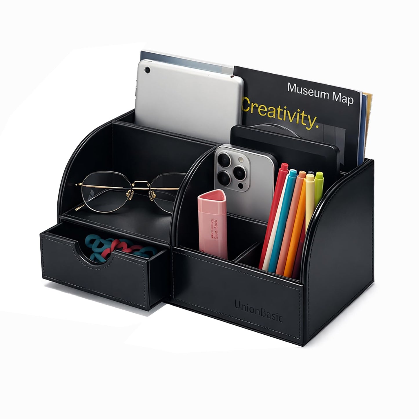 UnionBasic Desk Organizer - Multifunctional Leather Desktop Pen Holder Storage Box - Business Card/Pen/Pencil/Mobile Phone/Stationery Holder, Black