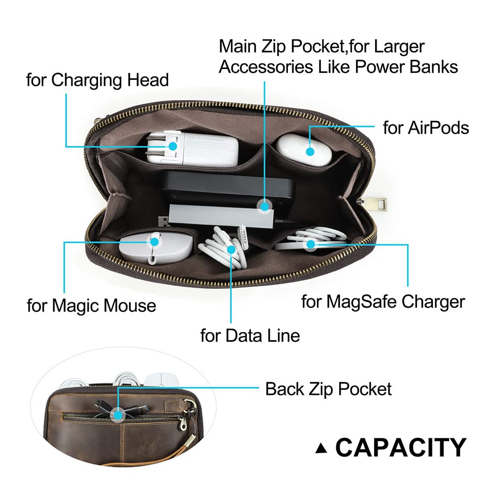 Contacts Crazy Horse Leather Travel Electronic Organizer Cables Chargers Accessories Storage Case Holder Clutch Bag