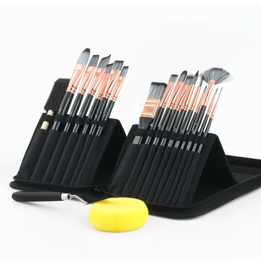 Transon 20Pcs Art Paint Brush Kit with Storage Case, 16 Brushes + Foam Brush Spatula Sponge for Acrylic Oil Watercolor Gouache, Adults Teens Beginners Art Supplies