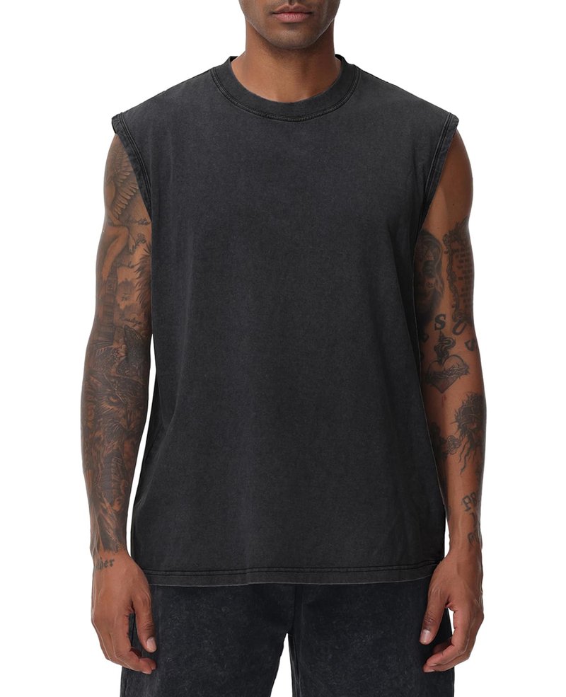 SnowElve Mens Workout Tank Tops Sleeveless Tee Shirts Men Muscle Shirt Gym Acid Wash T Shirts Running Beach Loose Fit Tee(BK,XL) Black