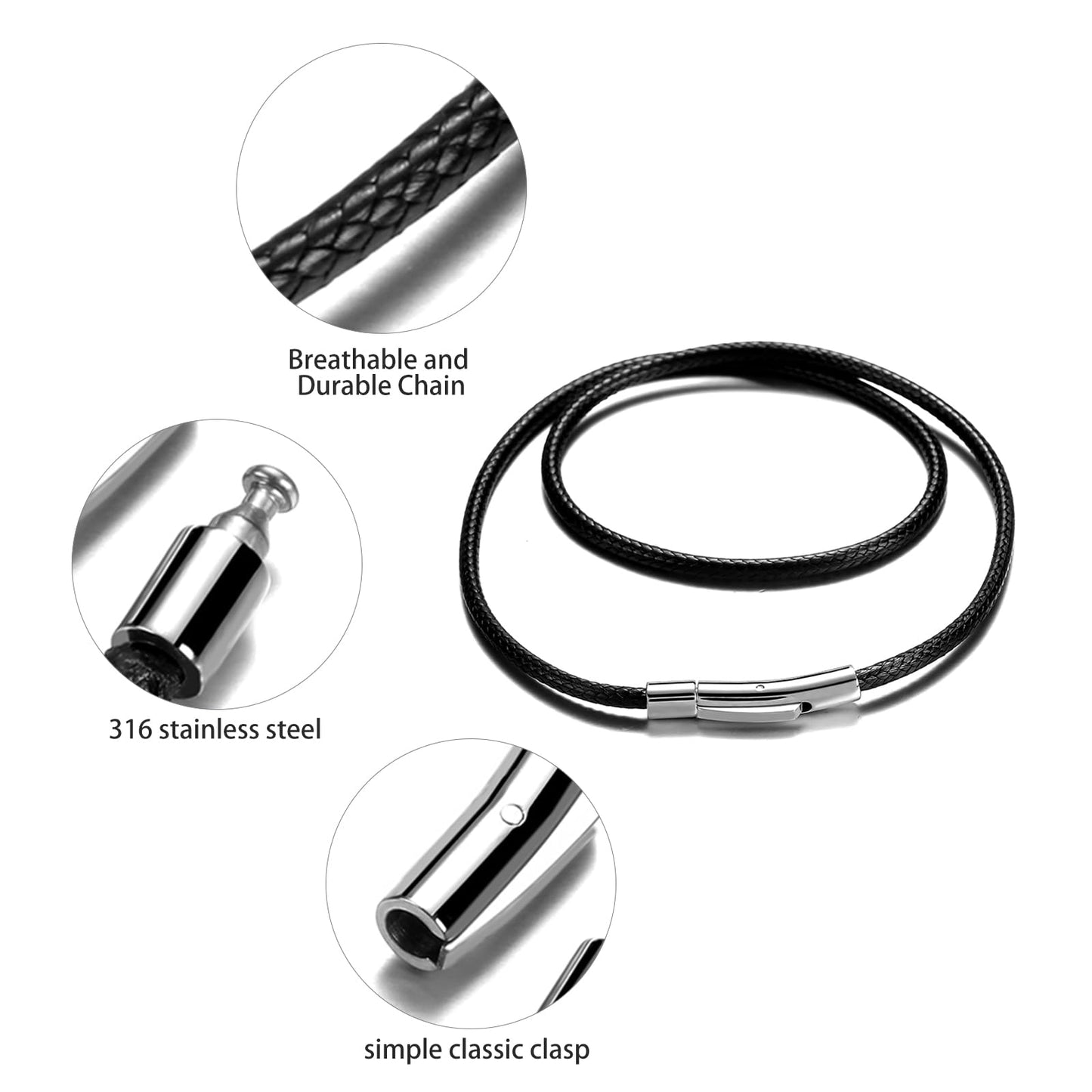 SKQIR 2mm Black Waterproof Braided Leather Cord Necklace with Durable Stainless Steel Snap Clasp Men Women Woven Wax String Rope Chain for DIY Pendant Length 22"