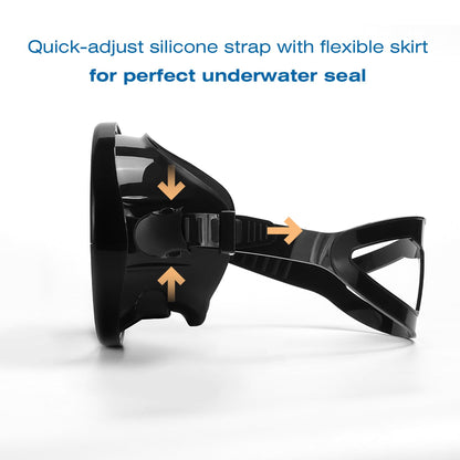 Mikinya Diving Mask Scuba Snorkeling & Spearfishing Gear for Adults, Freediving Mask with Anti-Fog Tempered Glass, HD Wide View Lens, Comfortable Water Goggles (Black + Black)