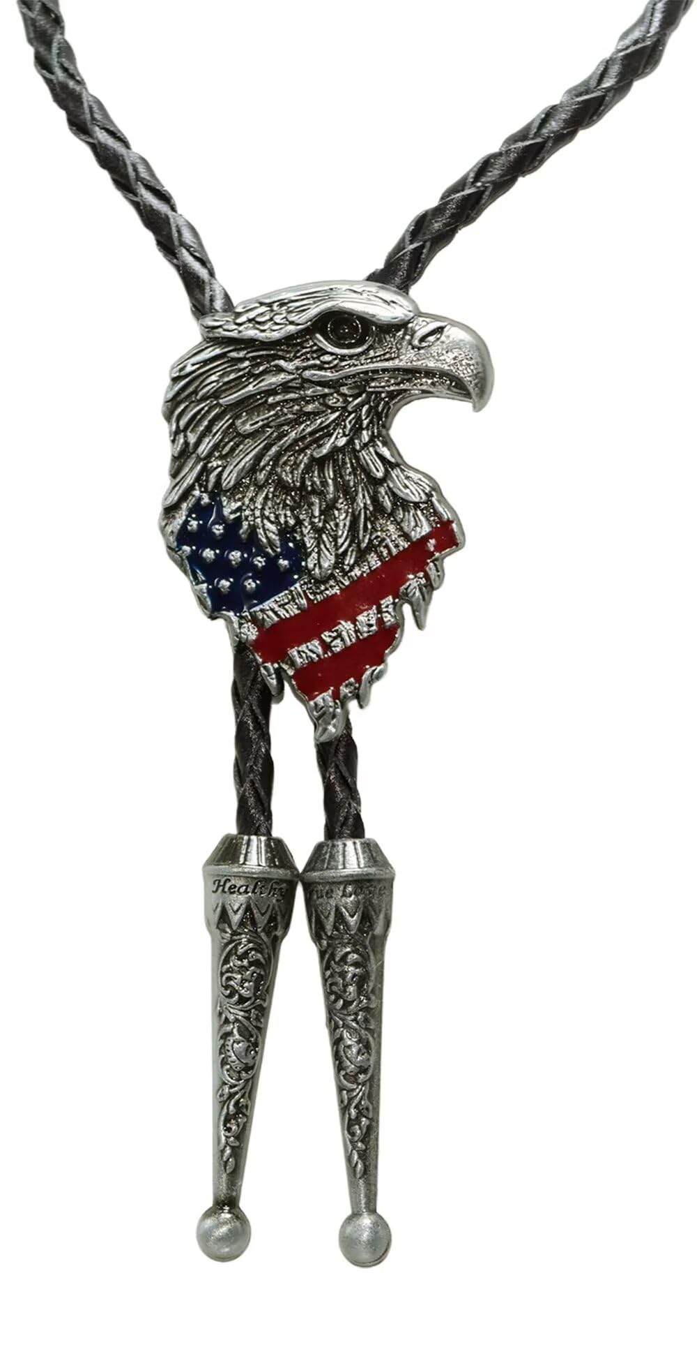 Moranse USA Pride Eagle And Americal Flag Western Bolo Tie with Cowboy Style Genuine Cowhide Rope(Silver color)