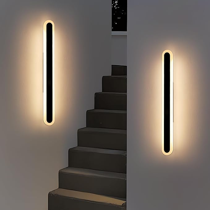 2 Pack 39.3inch Long Outdoor Led Wall Lights, IP65 Waterproof Black Outside Porch Sconces, 3 CCT 3000K/4500K/6000K, 36W, Oval Modern Exterior Wall Lighting for Garage, Patio, House, Garden