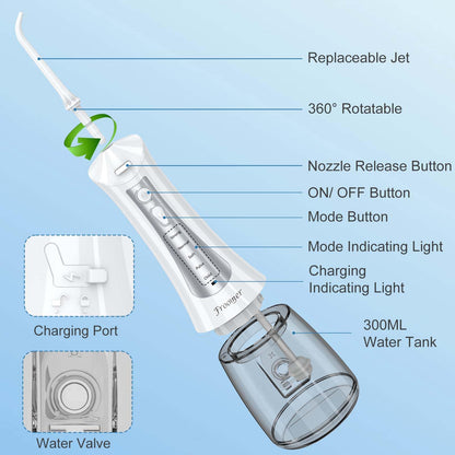 Froomer Water Flosser，Water Dental Forsser for Teeth Clean, 5Modes 4 Jet Tips,Rechargeable Portable Water Flossers for Teeth,300ML Tanks for Travel Friendly(Black