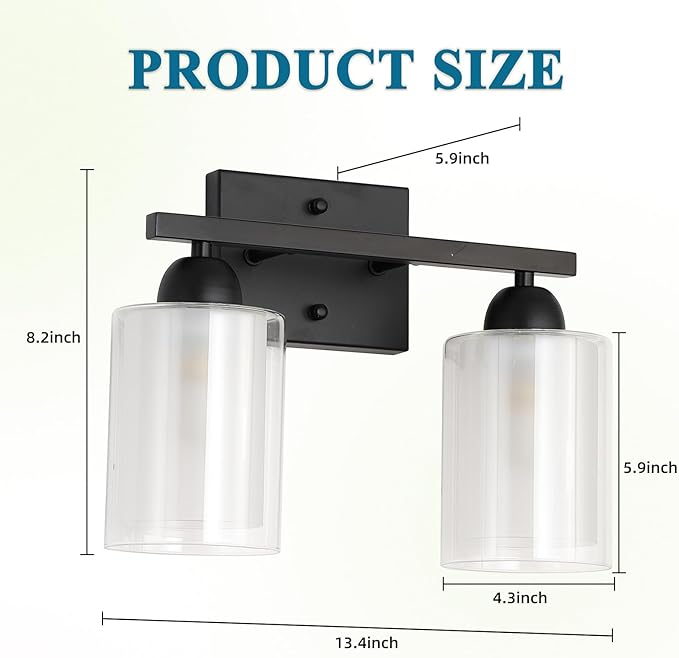 Matte Black Bathroom Vanity Light Over Mirror, 2 Light Bathroom Light Fixtures with Milk Glass and Clear Glass Shades, Modern Vanity Lighting Wall Mount