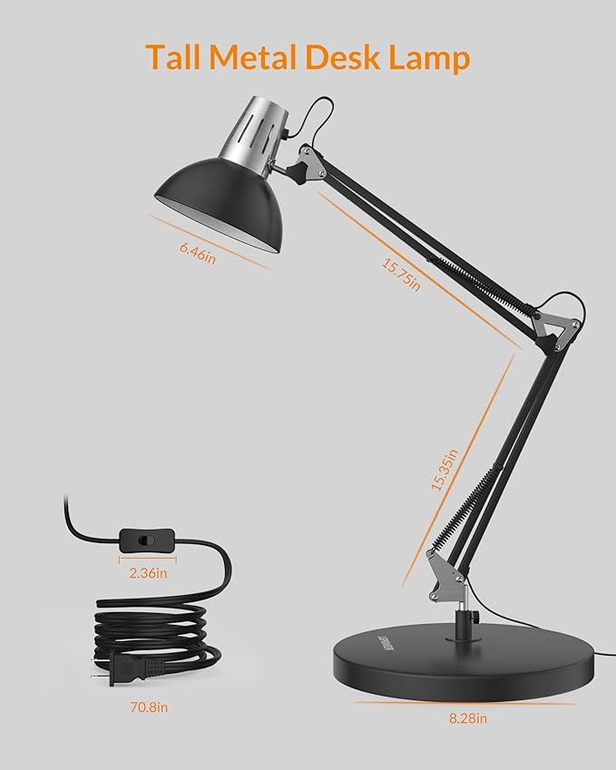 LEPOWER Metal Desk Lamp, Adjustable Goose Neck Architect Table Lamp with On/Off Switch, Swing Arm Desk Lamp with Clamp, Eye-Caring Reading Lamp for Bedroom, Study Room &Office (Black)