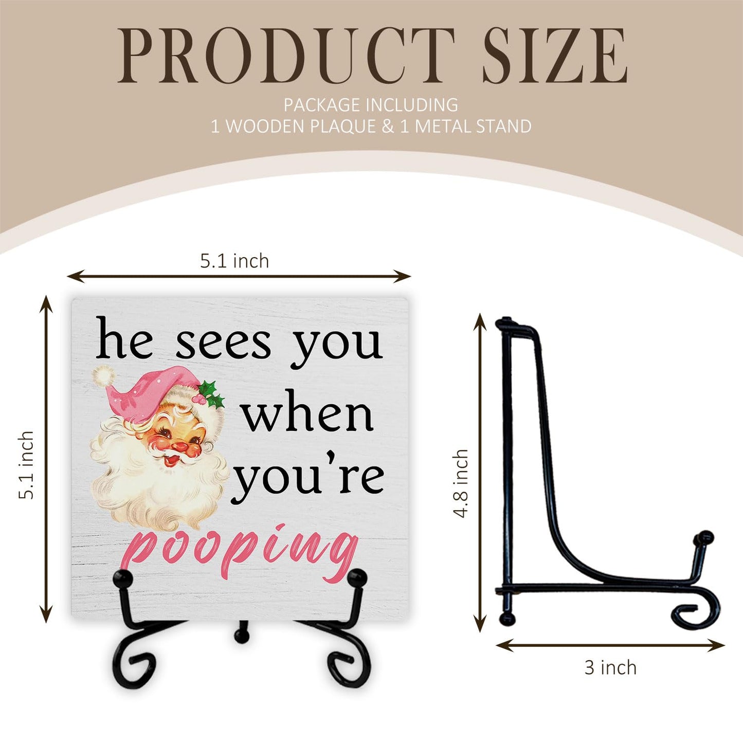 SkipTiger Funny Christmas Bathroom Wooden Desk Sign, He Sees You When You're Pooping Pink Christmas Santa Wood Plaque With Stand for Bathroom Toilet Restroom Shelf Counter Decor
